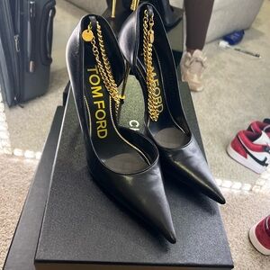 Tom Ford Black Leather Heels with Gold Chain Detail